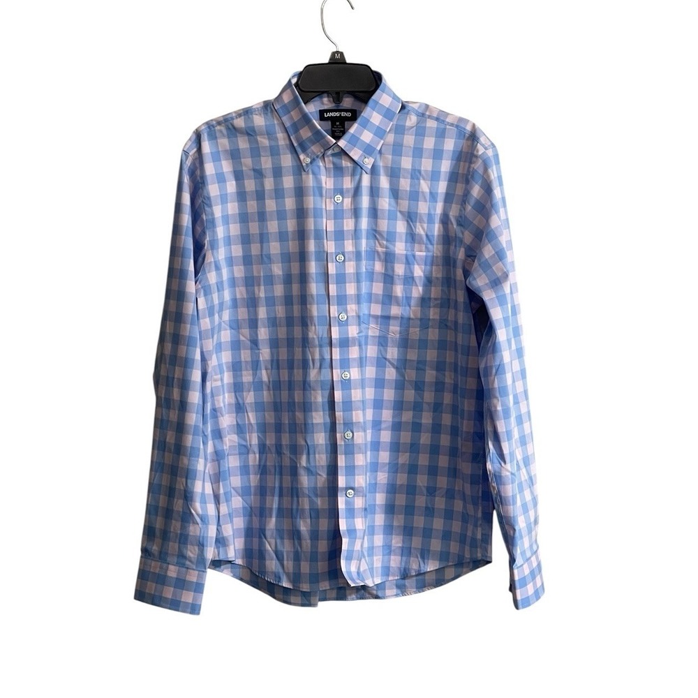 Lands End Shirt Mens Med 15 15.5 Blue Pink Check Gingham Cotton Poly Stretch